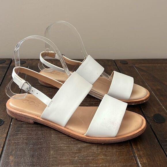 COS Sandals Double Strap Flat White Leather Size US 8 - Picture 1 of 11